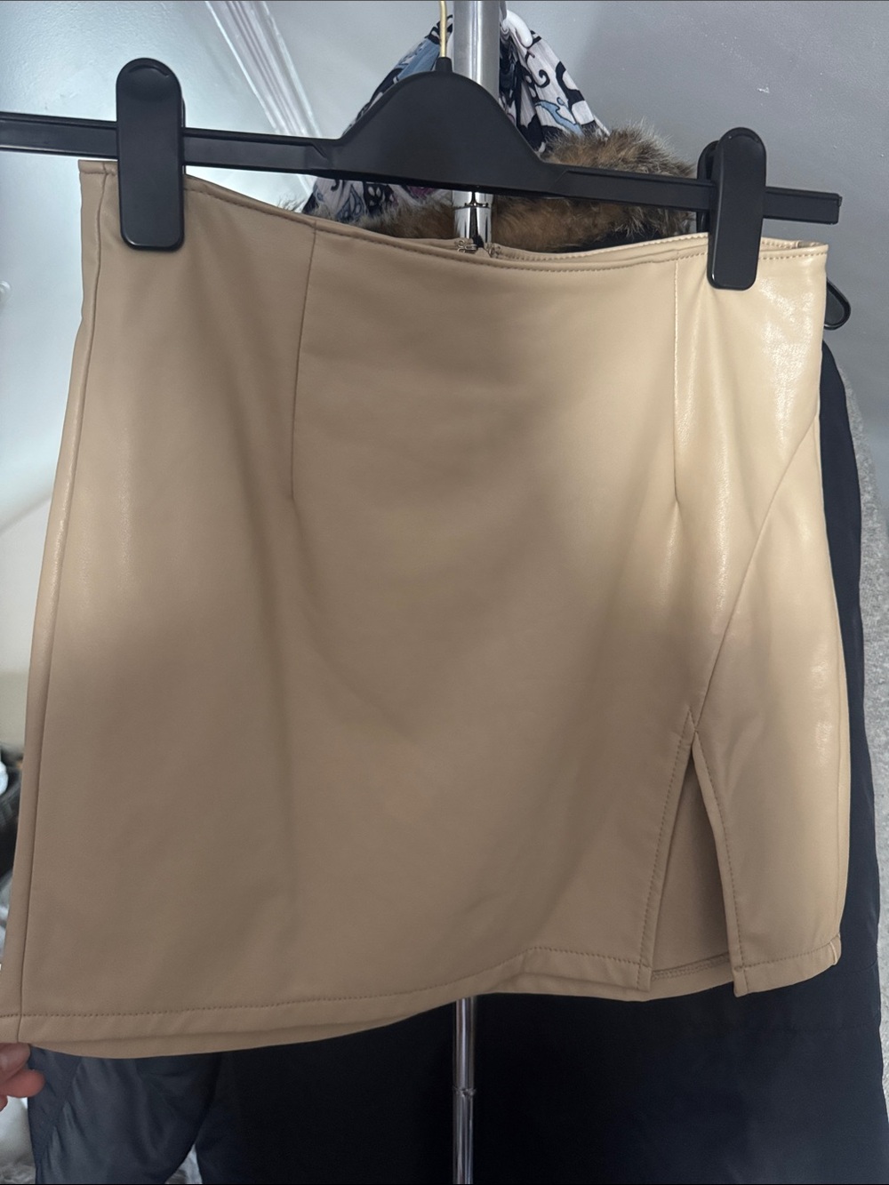Rewash Beige Faux Leather Mini Skirt with Side Slit